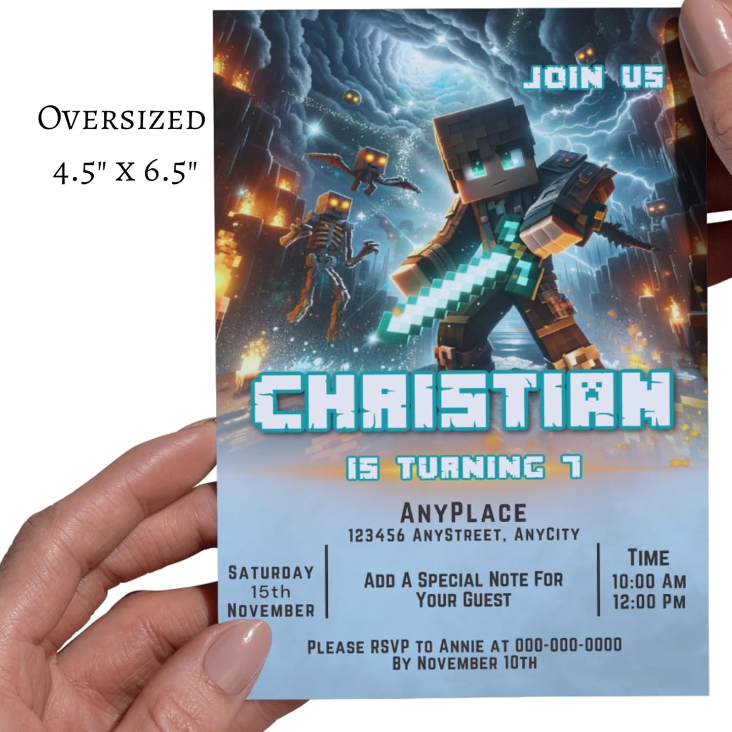 Fully Customizable minecraft Birthday Party Invitations, 4 x 6 inches, with Self-Sealing Envelopes, Gaming Theme Design, minecraft Birthday Invitations for Boys and Girls (Minecraft/Fire)
