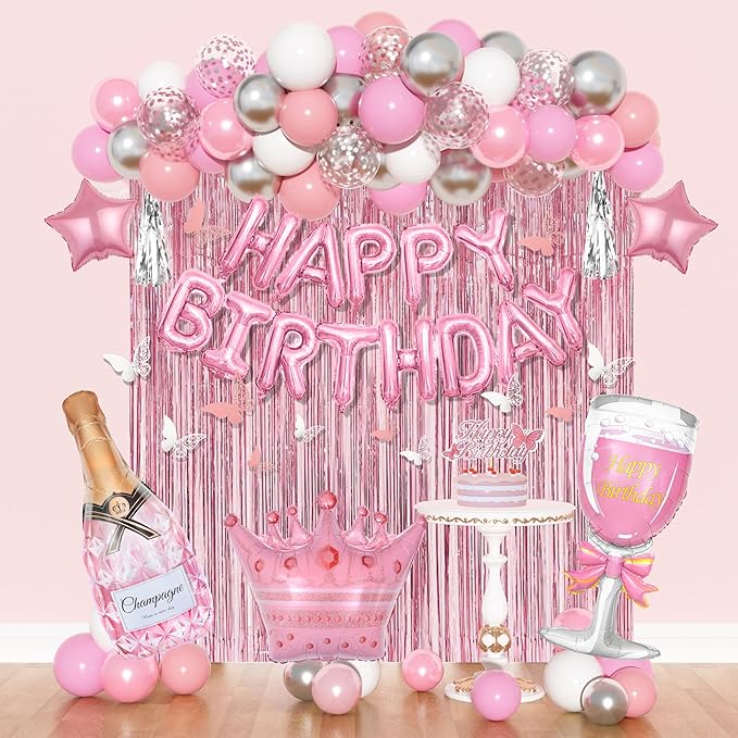 Amandir Pink Birthday Decorations for Women Girls, Silver Pink Confetti Foil Balloons Happy Birthday Banner Butterfly Fringe Curtains Cake Topper for Princess Party Supplies Decor