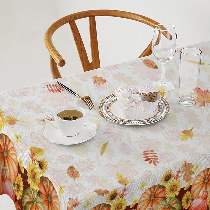 Autumn Thanksgiving Pumpkin Tablecloth, Vintage Retro Maple Leaves Watercolor Yellow Sunflower Fall Harvest Table Cover for Party Picnic Dinner Kitchen 55x75 Inch Rectangle