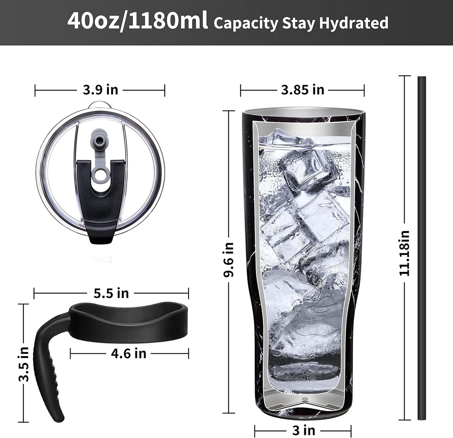 THILY Stainless Steel Vacuum Insulated Tumbler 40 oz Coffee Travel Mug with Handle and Lid, Reusable, Sweat Proof, Keep Drinks Cold for 34 Hours or Hot for 12 Hours, BPA Free, Black Marble