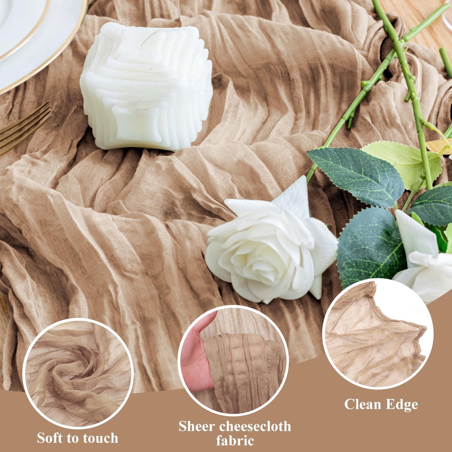 Wokceer Cheesecloth Table Runner Nude Brown 10FT Boho Gauze Cheese Cloth Table Runner for Party Long Rustic Sheer Table Runners for Baby Bridal Shower Wedding Easter Table Decor