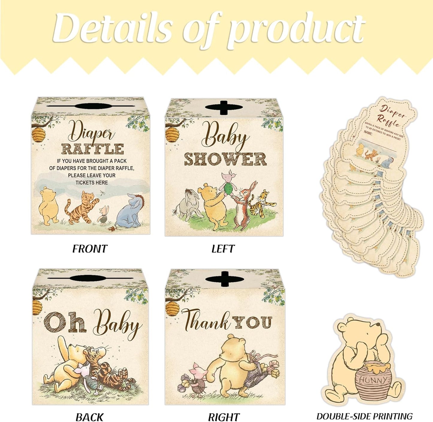 Winnie Baby Shower Decorations, Pooh Party Decorations, the Pooh Baby Shower Games, Winnie Diaper Raffle Box With 50Pcs Winnie Cards，Oh Baby Newborn Party Favors Boys and Girls First Birthday Supplies