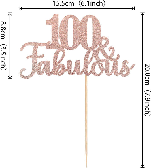 1 PCS 100 & Fabulous Cake Topper Glitter One Hundred Fabulous Cake Toppers Happy 100th Birthday Cake Pick for 100th Wedding Anniversary Birthday Party Cake Decorations Supplies Rose Gold
