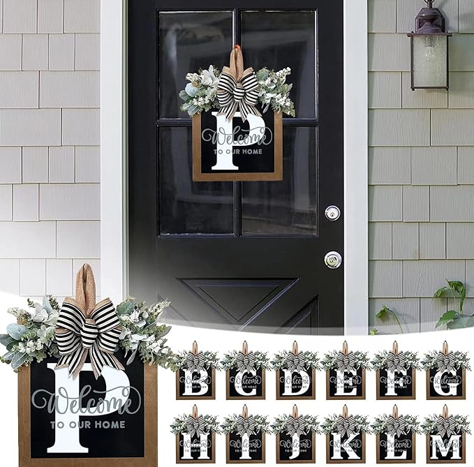 Last Name All Year Round Front Door Wreath with 26 Initial Letter Welcome Sign All Seasons Eucalyptus Garland and Bow ，Farmhouse, Porch, for Spring Summer Fall All Seasons Holiday Halloween Christmas.（P）