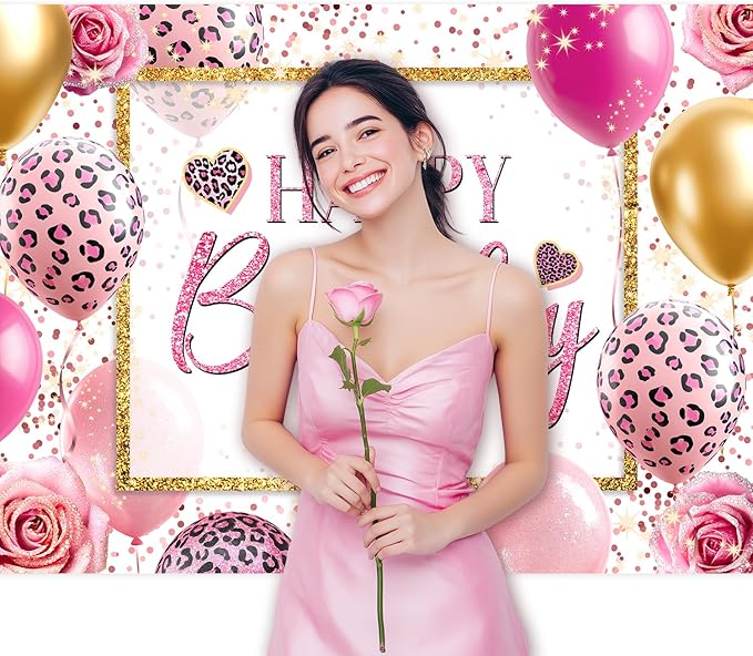Homewelle Happy Birthday Backdrop 7Wx5H Feet Polyester Fabric Pink Leopard Balloon Heart Elegant Flower Rose Plant Botanical Decoration Gold Glitter Girly Photography Background Photo Shoot Props