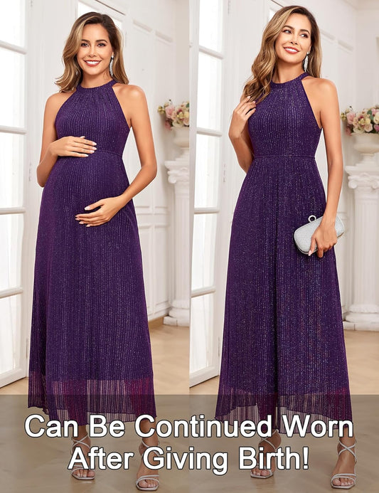 Maternity Sparkly Mesh Dress Halter Neck Sleeveless A Line Pregnancy Dresses Semi Formal Baby Shower Photoshoot