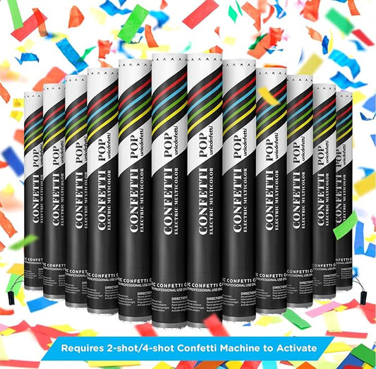 Electric Confetti Cannon Cartridges, 12 PIECES — 16" Multicolor Poppers for Weddings, Parties, Events | Requires 2-Shot/4-Shot Confetti Machine to Activate