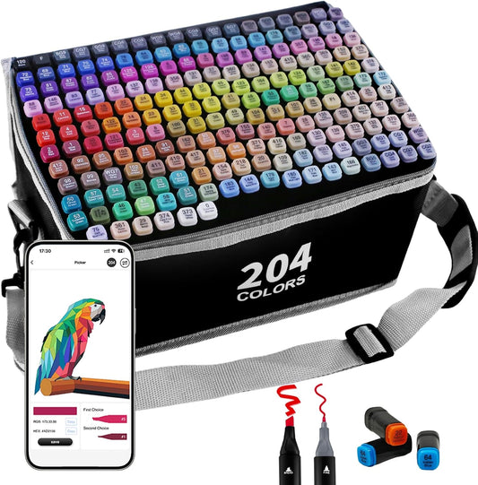 204 Colors Alcohol Markers with APP, Dual Tip Art Marker for Adults Coloring Books, Alcohol Based Ink Illustration Markers Set for Adult Artist Drawing Sketching Painting Lettering Cards