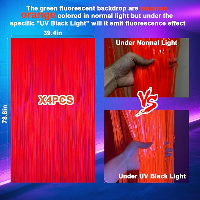 4 Packs Glow in The Dark Foil Fringe Curtain, Macaron Orange Blacklight Reactive Fluorescent Tinsel Backdrop Neon Luminous Streamers for Birthday, Wedding, Neon Party, Glow Party Decorations Supplies