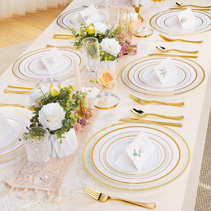 BESTSTAR 12 Inch Disposable Decor Charger Plates, 50 Pack Plastic Clear Plates with Gold Rim, Perfect Table Decor for Party, Wedding, Dinner