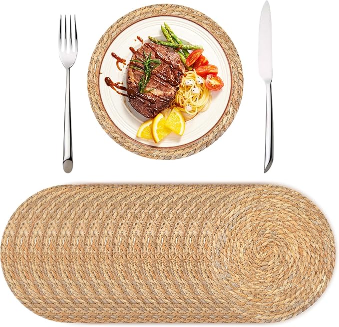 Set of 16 Round Woven Rattan Placemats, 12 Inch Boho Farmhouse Table Mats Natural Cattail Charger Plates for Dining Table Decor Heat-Resistant Braided Place Mats