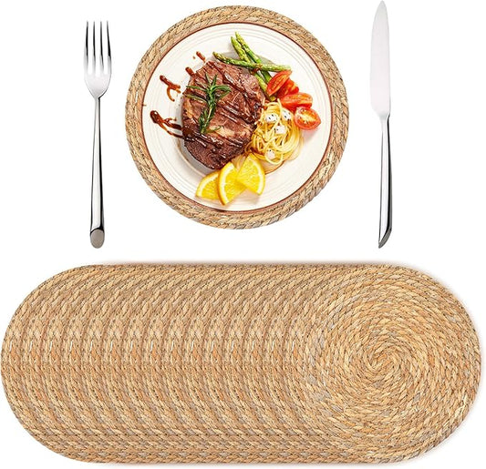 Set of 16 Round Woven Rattan Placemats, 12 Inch Boho Farmhouse Table Mats Natural Cattail Charger Plates for Dining Table Decor Heat-Resistant Braided Place Mats