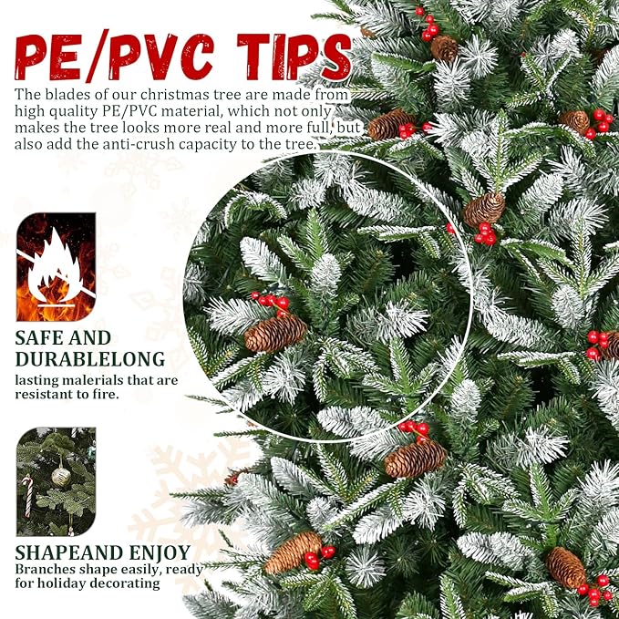 4FT Frosted Artificial Christmas Tree with 747 PE+PVC Branch Tips, Realistic Unlit Christmas Tree with Red Berry and Pine Cone, Memory Wire Hinged Full Xmas Tree with Metal Base for Party, Holiday