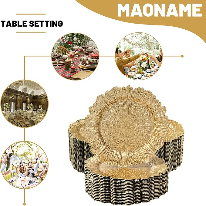 MAONAME 13" Gold Charger Plates Set of 100, Plastic Reef Plate Chargers Bulk, Round Charger for Dinner Plates, Table Chargers for Wedding Decor