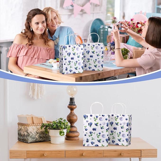 24 Pcs Blueberry Gift Bags Baby Shower Paper Gift Bags with Handles Summer Medium Watercolor Blueberry Party Favor for Birthday Baby Shower Summer Picnic Tea Party Favors Supplies