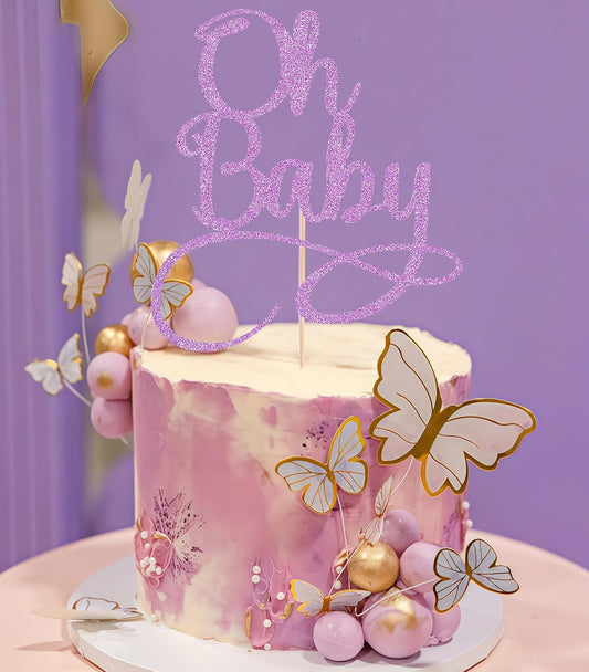 Oh Baby Cake Topper - Purple Glitter Baby Birthday Party Cake Decoration Supplies, for Baby Shower/Gender Reveal Party Photo Booth Props
