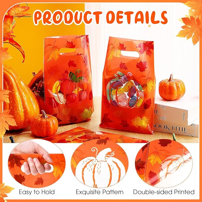 Supervitae 100 Pcs Thanksgiving Party Gift Bags Fall Pumpkin Favor Bags Bulk with Handles for Snacks Goodie Candy Treat Thanksgiving Party Supplies