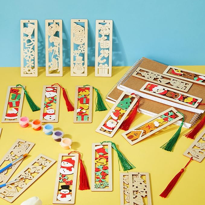 Yexiya 100 Pcs/50 Set Christmas DIY Wooden Bookmarks Bulk for Book Lovers, Christmas Bookmarks Decorations, Santa Snowman Elk Gingerbread Book Markers, Xmas Birthday Holiday Gift Art Project