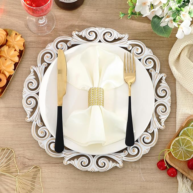 12 Pcs Antique White Charger Plates Bulk 13 Inch Embossed Rim Plastic Round Decorative Plates Charger for Dinner Wedding Party Event Table Setting Decoration (Hollowed out Wave)