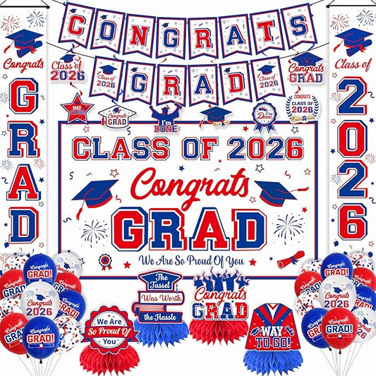 Graduation Decorations Class of 2026 White Blue and Red Graduation Party Decor Set include Congrats Grad Banner Backdrop Class of 2026 Balloons Party Supplies