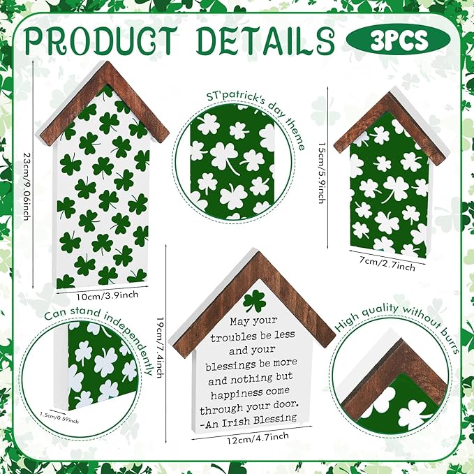 3 Pcs St. Patrick's Day Wood Tiered Tray Decorations Irish Wooden Table House Shape Block Sign Decor Rustic Shamrock Lucky Table Centerpiece for Home Table Centerpiece Farmhouse Shelf Mantel