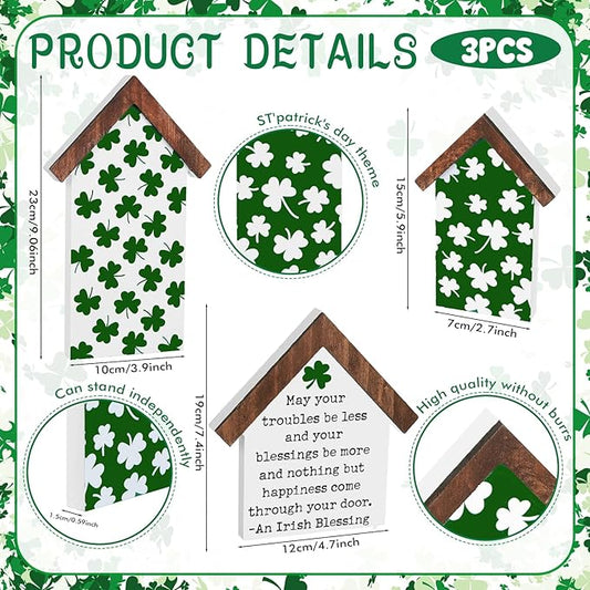 3 Pcs St. Patrick's Day Wood Tiered Tray Decorations Irish Wooden Table House Shape Block Sign Decor Rustic Shamrock Lucky Table Centerpiece for Home Table Centerpiece Farmhouse Shelf Mantel