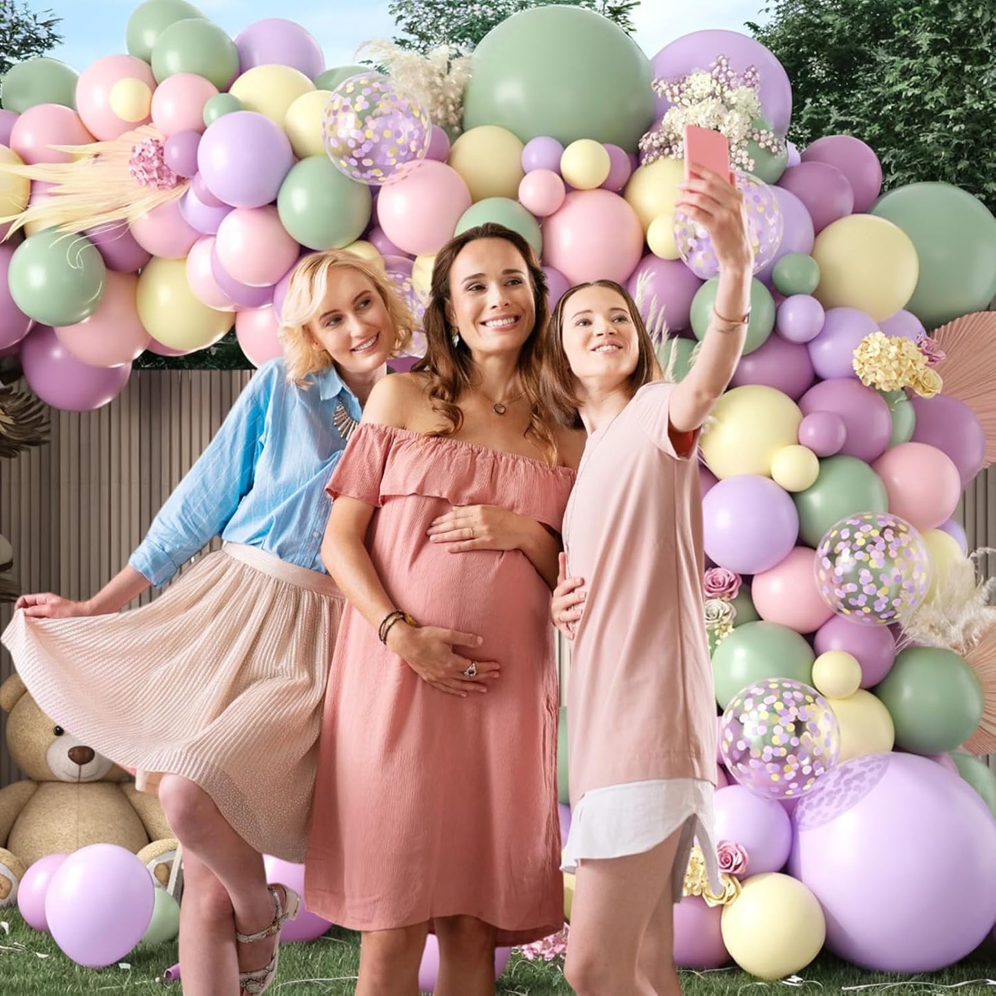 Dusty Green Purple Pink Balloon Garland, Lavender Mist Green Pastel Pink Yellow Balloon Arch Wildflower Balloons with Pastel Confetti for Baby Shower Birthday Wedding Flower Party Decoration