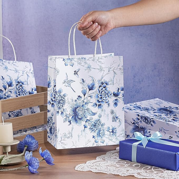 Loveinside Blue and White Flower Paper Gift Bag, Vintage Floral Deisgn with Handles Grocery Shopping Bags Candy Goodie Bags for Birthday, Wedding, Spring, Mother's Day, 8" x 4" x 10", 12 Pcs
