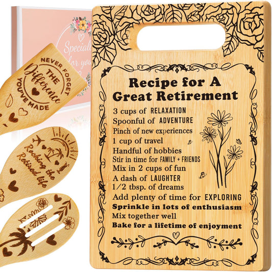 Retirement Gifts for Woman 2025, Cutting Board Set Retrement Gift for Women, Coworker Leaving Gift Going Away Gift Farewell Gift for Retired Colleague Boss Leader Friend, Recipe for a Great Retirement