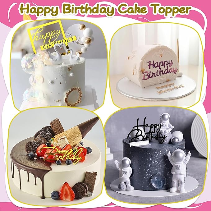 40 PCS Happy Birthday Cake Toppers Mirror Acrylic Toppers with 10 Styles 4 Colors for Birthday Party Cake Desserts Pastries