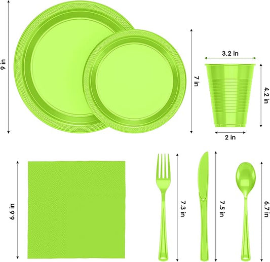 350 Pcs Lime Green Plastic Plates For Party, Lime Green Disposable Plates Set, 50 Of Each 9" Dinner Plate Set, 7" Dessert Plate, Cups, Napkins & Cutlery Plastic Dinnerware Exquisite