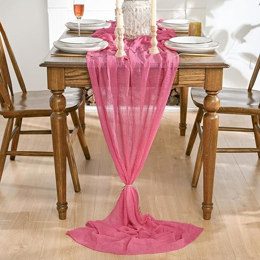 Artoid Mode Boho Cheesecloth Gauze Rose Red Wedding Table Runner, 120 Inch Seasonal Fabric Kitchen Dining Holiday Table Decor for Home Party Indoor