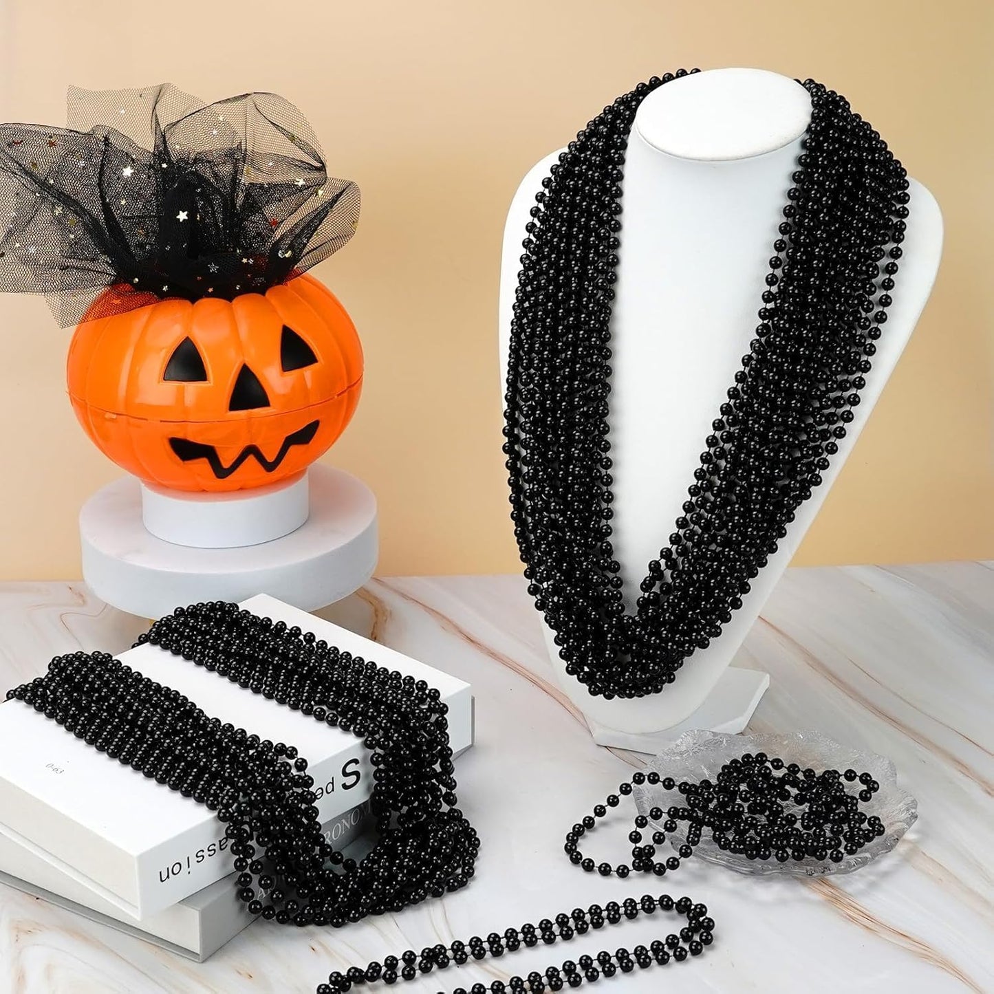 144 PCS Black Bead Necklaces, Black Mardi Gras Beads, New Year Eve Necklaces, 33 Inch Round Halloween Beaded Necklace, Party Beads for Mardi Gras, Christmas, Halloween, New Year Party Favors