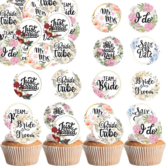 36PCS Edible Floral Bride to Be Cupcake Toppers Wafer Paper Love I Do Cupcake Decoration Miss to Mrs Cupcake Picks for Bridal Shower Bachelorette Wedding Party Supplies