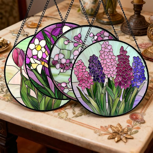 Stained Glass Window Hanging 4 Pcs Set Tulips Plum Flower Daffodils Hyacinths 6.3" - Suncatcher Door Garden Sun Catcher Decor Birthday Mother's Day for Mom Woman Nana