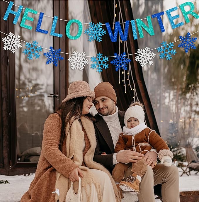 Glittery Hello Winter Banner White Blue Snowflake Banner Winter Wonderland Baby Shower Decorations Christmas Winter Holiday Party Decorations