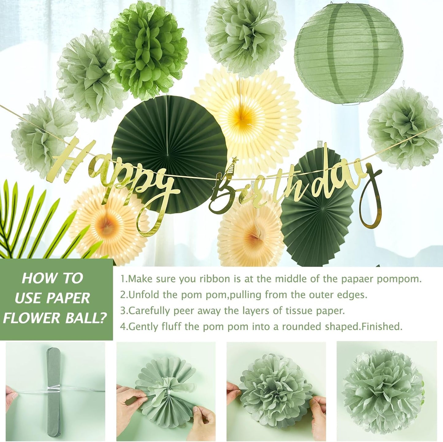SUNBEAUTY Sage Green and Cream Tissue Pom Poms Paper Lanterns Party Decorations for Girls Women with Happy Birthday Banner Sage Green Paper Fans Tissue Pom Poms Lantern Birthday Decorations Kit