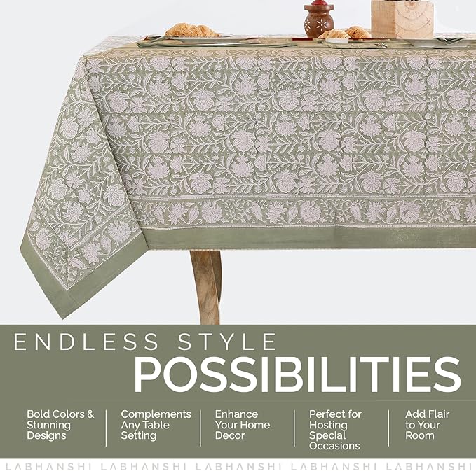 Labhanshi Indian Handblock Print Pre-Washed Cotton Floral 60x90 Inch Rectangle 6-Seater TableCloth|Rustic Farmhouse Decorative Party Event Wedding Banquet Thanksgiving Festive holiday Decor|Sage Green