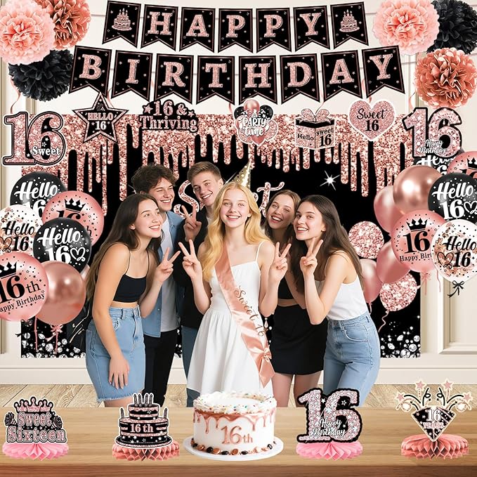 Sweet 16 Party Decorations – 16th Birthday Decorations Backdrop, Banner, Honeycomb Centerpieces, Hanging Swirls, Foil & Latex Balloon, Cake & Cupcake Toppers, Sash, Pom Poms