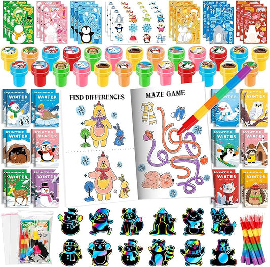 BenLouis Winter Party Favors Set Holiday Themed Coloring Book Classroom Gift Prizes Bulk for Students Kids Christmas Frozen Birthday Goodie Bag Stuffers Pinata Filler (48Set Animals)