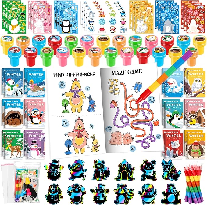 BenLouis Winter Party Favors Set Holiday Themed Coloring Book Classroom Gift Prizes Bulk for Students Kids Christmas Frozen Birthday Goodie Bag Stuffers Pinata Filler (24Set Animals)