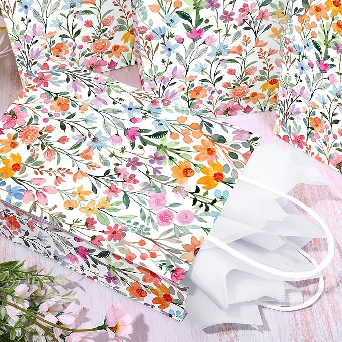 JarThenaAMCS 24Pcs Wildflower Paper Gift Bags Watercolor Floral Colorful Flower Party Favor Bags with Handle and 30 Sheets Tissue Paper for Wedding Birthday Baby Shower Wrapping