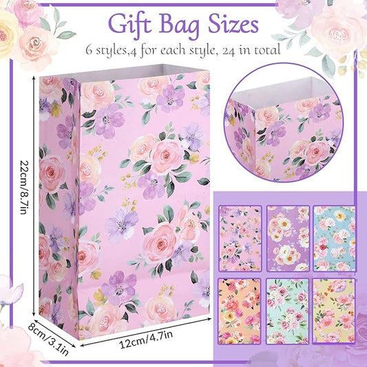 Panelee 24 Pcs Floral Gift Bags Pastel Small Tea Party Favors Flowers Paper Lunch Bag Bulk 8.7x4.7x3 in Goodie Candy Treat Pouches for Wedding Bridal Shower Birthday Mother's Day Decoration
