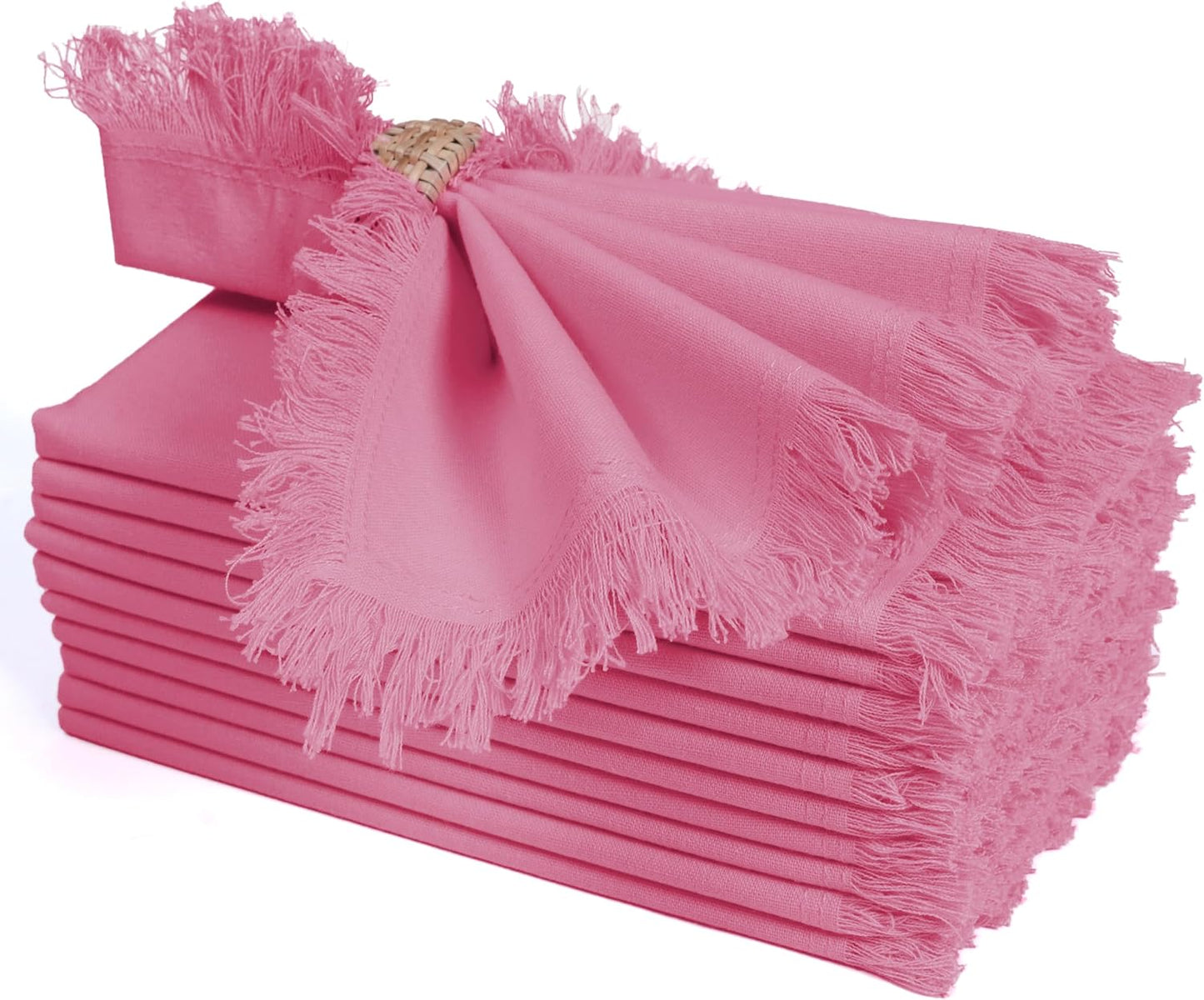 Bedding Craft Cotton Cloth Dinner Napkins Set of 12 – 18x18 Baby Pink with Frayed Selvedge Edges – Reusable Machine Washable Fabric Napkins for Weddings, Baby Showers, Parties & Dining