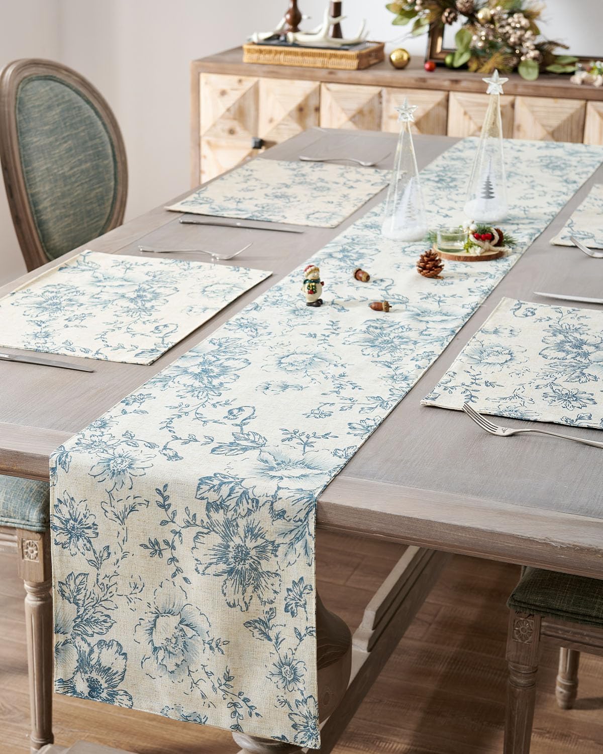 jinchan Floral Linen Table Runner for Kitchen Farmhouse Table Cloth with Blue Flower Print 13 x 90 Inch Beige Linen Blend Cloth for Kitchen Dining Table Indoor Outdoor Decor 1 Panel