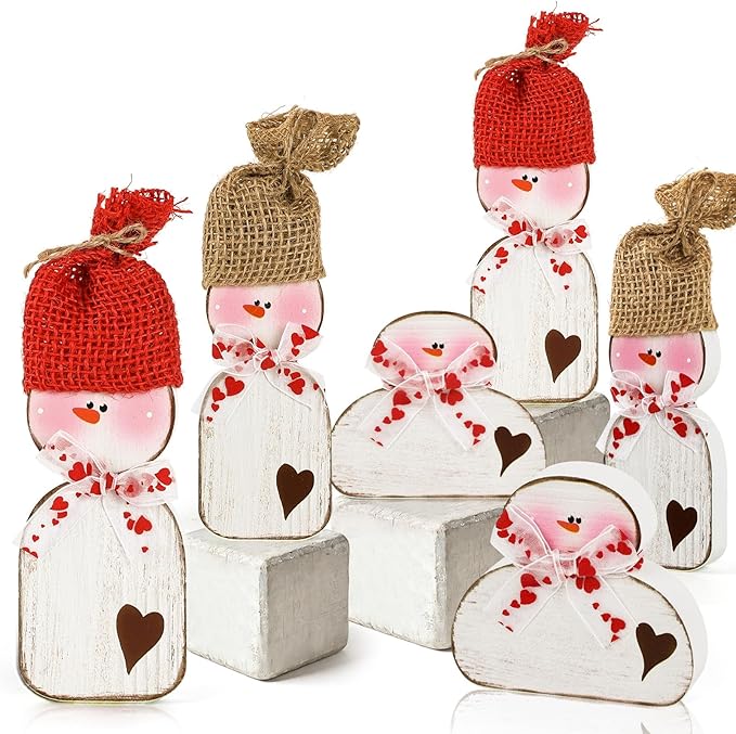 6 Pcs Valentines Day Wood Snowman Table Decorations Winter Snowman Tabletop Block Sign Rustic Farmhouse Xmas Tiered Tray Decor for Christmas Winter Holiday Home Office Shelf Party Decor