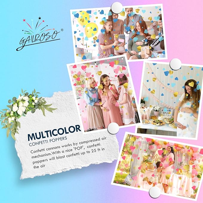 Gender Reveal Confetti Cannon,2 Blue 2 Pink Paper Connon Safty Party Poppers Shoots 20-25ft,12 inch Upgrade Firmware Baby Shower Gender Reveal Party Supplies Maternity Shoots