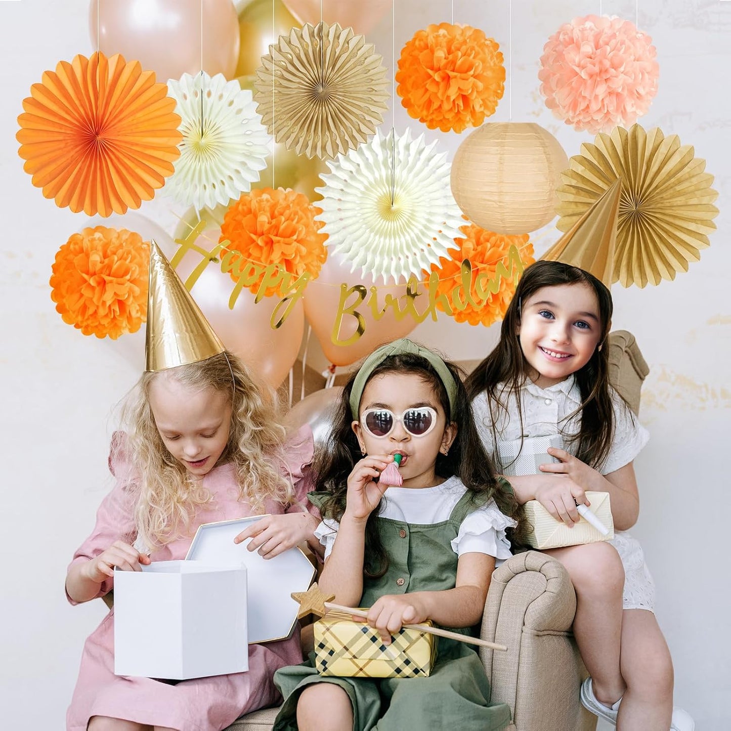 SUNBEAUTY Orange Birthday Party Decorations for Girls Women with Happy Birthday Banner Fall Hanging Paper Fans Tissue Pom Poms Lanterns for Wedding Autumn Thanksgiving Festival Party Decor