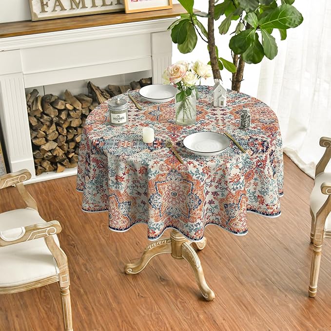 Horaldaily Boho Bohemia Style Tablecloth 60x60 Inch Round, Vintage Country Rustic Farmhouse Magical Fall Orange Washable Seasonal Table Cover for Party Picnic Dinner Decor
