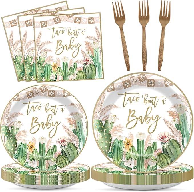 96Pcs Taco Baby Shower Party Supplies Taco Bout A Baby Paper Plates Napkins Cactus Baby Shower Party Decorations Gender Reveal Dinnerware Party Favor Taco Baby Shower Tableware Serves 24
